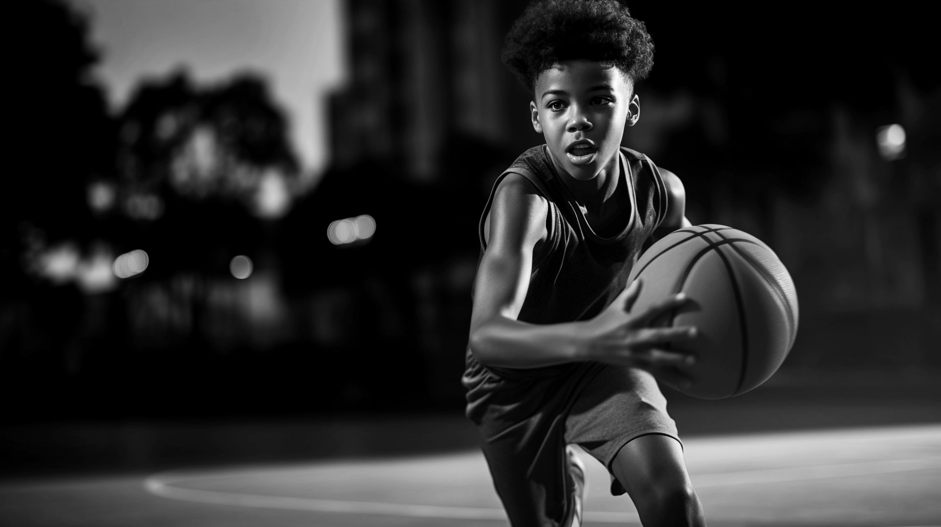 Young Mississippi basketball player mid-drill, black and white